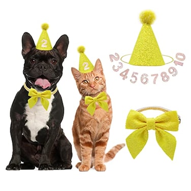 IDOLPET Dog Cat Birthday Party Hat with Cute Bow Tie for Small Medium Puppies Cats Dog Wedding Collar Outfit Yellow