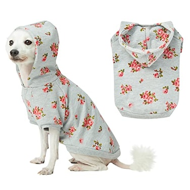 Blueberry Pet Floral Dog Hoodie Rose Print Pullover Sweatshirt for Small Dogs 12 Back Length Lightweight Spring Outfit in Stylish Grey