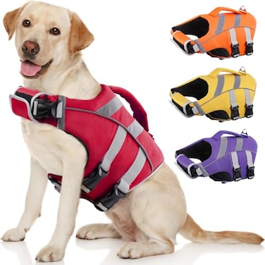 Kuoser Dog Life Jacket with Reflective Stripes Adjustable High Visibility Vest Ripstop Lifesaver Pet Preserver with High Flotation Swimsuit for Small Medium and Large Dogs