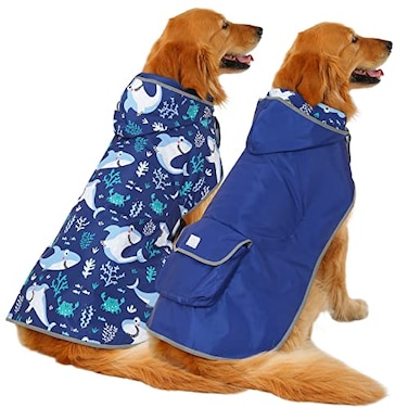 HDE Reversible Hooded Dog Raincoat Slicker Poncho for Small Medium Large Dogs Sharks XL Nylon Polyester
