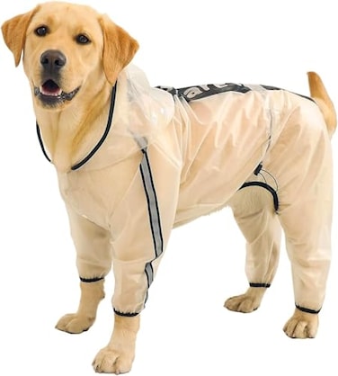 Olsa Dog Raincoat Dog Hooded Slicker Poncho 4 Legs Rain Jacket with Reflective Stripe Transparent Water Proof Resistant Rain Snow Clothes for Small Medium Large