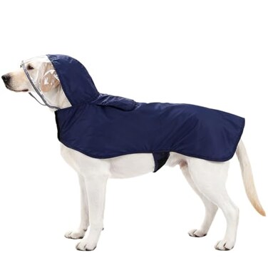 FUWAPET Pet Raincoat Packable Hooded Dog Rain Jacket Reflective Strips Lightweight Adjustable Poncho for Small Medium Large Dogs Blue M