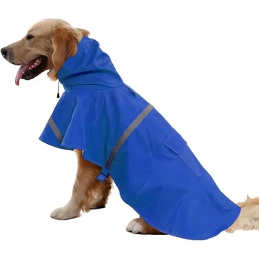 NACOCO Large Dog Raincoat Adjustable Pet Water Proof Clothes Lightweight Rain Jacket Poncho Hoodies with Strip Reflective XXL Blue