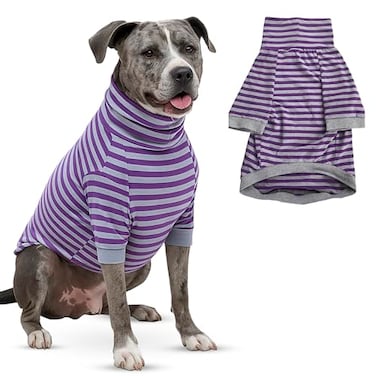 Tooth & Tooth Honey Dog Shirt for Large Dogs Purple Grey Striped Breathable Cotton Spandex Pullover Full Underbelly Coverage Lightweight Long Sleeve Dog Clothes