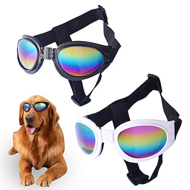 JIABEIUS 2 Pcs Dog Goggles Dog Sunglasses Adjustable Strap for Waterproof Windproof UV Protection Pet Sunglasses for Go Out Travel Skiing Swim Black and White