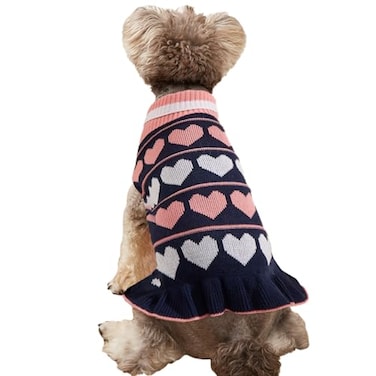 JECIKELON Jecikelon Pet Dog Long Sweaters Dress Knitwear Turtleneck Pullover Warm Winter Puppy Sweater Long Dresses Navy Heart Large