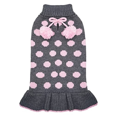 KYEESE Dog Sweater Dress Polka Dot Turtleneck Dogs Sweaters for Girl with Leash Hole Knit Pullover with Pom Pom Ball