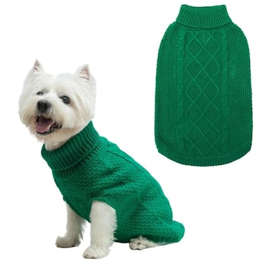 Mihachi Turtleneck Dog Sweater Winter Coat Apparel Classic Cable Knit Clothes with Leash Hole for Cold Weather Ideal Gift for Pet in New Year Green XSmall