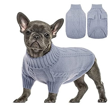 Queenmore Small Dog Pullover Sweater Cold Weather Cable Knitwear Classic Turtleneck Thick Warm Clothes for Chihuahua Bulldog Dachshund Pug Yorkie Grey Medium
