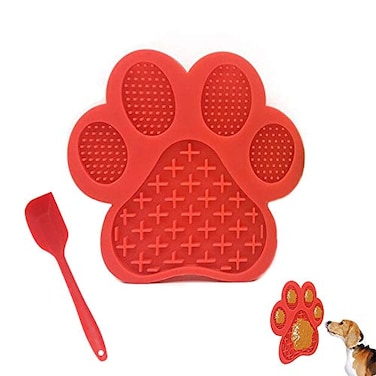 UMOYIT Dog Licking Mat for Anxiety Peanut Butter Slow Feeder Bowls Licking Pad with Strong Suction to Wall for Pet BathingGroomingand Dog Training Red
