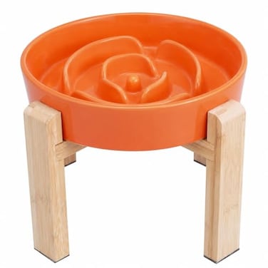 PTOBER Elevated Slow Feeder Dog Bowl Ceramic Maze Food Dish with Bamboo Stand Raised Feeding Bowl for Fast Eaters Ideal for Small and Medium Dogs Orange 67 inch