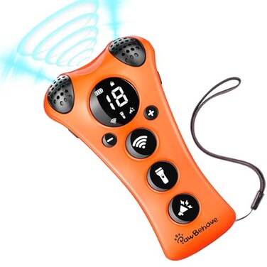 PawBehave Adjustable Ultrasonic Dog Trainer Worlds First Variable Frequency Pet Behavior Corrector with 10 Level Ultra Sound 18 Dog Whistles AntiBark Flashlight Humane Dog Deterrent Orange