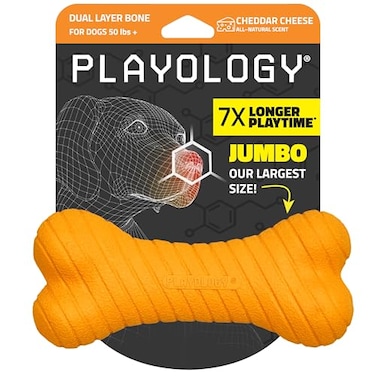 Playology Dog Toys Dual Layer Bone Chew Toy for Large Dogs Cheddar Cheese Scented Jumbo Dog Bone