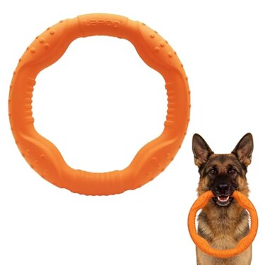 LaRoo Floatable Dog Fetch Toy Ring Tug Toy Teething Relief Catch Water Fun Pet Training Outdoor Durable Chew Toys for Small Medium Dogs Orange86