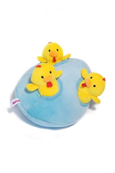 Glow Pups Chicken and Egg Hide and Seek Interactive Dog Toy with Squeaker Promotes Mental Stimulation 7 X 6 Inches Egg and 3 Chickens Blue and Yellow