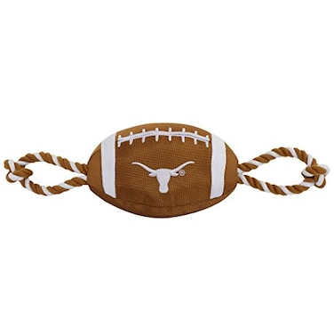 Pets First NCAA Texas Longhorns Football Dog Toy Tough Quality Nylon Materials Strong Pull Ropes Inner Squeaker Collegiate Team Color 1 Count Pack of 1