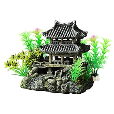 DOHAOOE Classical Temple Aquarium Decorations Asian Castle Thematic Safe Resin Ornaments with Plastic Plants Small Fish House Hideout Decor Hiding Places for Freshwater and Saltwater Fish Tank Accesso