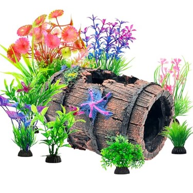 CousDUoBe Fish Broken Barrel Decor Fish Tank Decorations Betta Fish Tank AccessoriesStarfish Barrel x 1pc Aquarium Plants x 8pcs