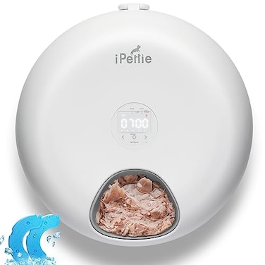 iPettie Donut Frost 6 Meal Cordless Automatic Pet Feeder Dry Wet Food Automatic Cat Feeder with Two Ice Packs Rechargeable Massive Battery Programmable Timer Classic White