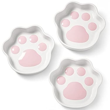 LE TAUCI Cat Food Bowl Ceramic 8 oz Small Shallow for Indoor KittenRelief Whisker Fatigue Cute Paw Design Pet Dish with Slow Feed Function