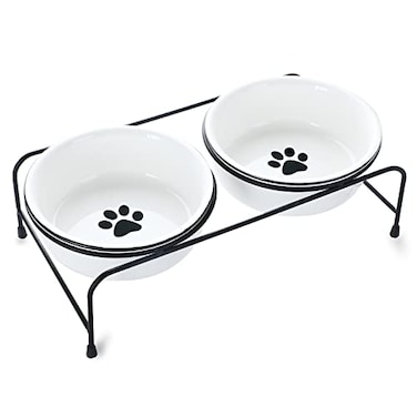 GDCZ Porcelain Raised Cat Bowls with Heighten Metal Stand and Non Slip Bottom 15 Ounces White