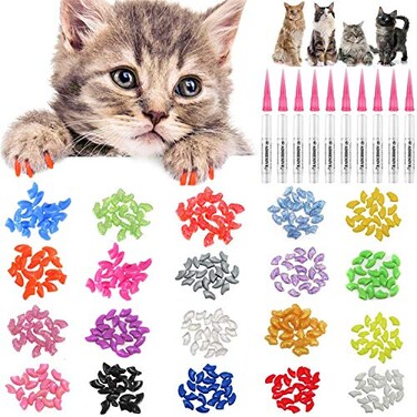 JOYJULY 100pcs Cat Nail Caps Kitten Caps Cat Caps Cat Nail Covers with 5pcs Adhesive Glue5pcs ApplicatorsInstruction