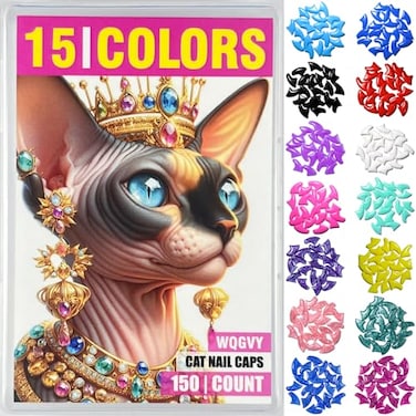 WQGVY 15 Colors 150 pcs Cat Nail Caps Cat Claw Covers with Adhesives and Applicators L