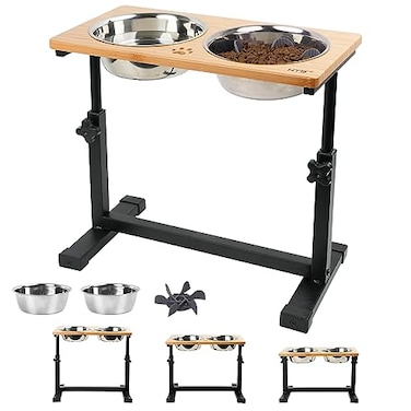 HTB Elevated Dog Bowls Adjustable Pet Bowl Stand MetalBamboo 112 to 16 Tall