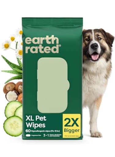 Earth Rated XL Pet Wipes for Dogs Cats Unscented Hypoallergenic 60 Ct