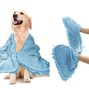 Patas Lague Absorbent Dog Towel for Drying Dogs Large 35x15 Extra Large Microfiber Quick Drying Pet Bath Towel with Hand Pockets Machine Washable Pet Shammy Blue