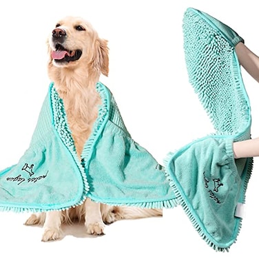 Patas Lague Absorbent Dog Towel for Drying Dogs Large 35x15 Extra Large Microfiber Quick Drying Pet Bath Towel with Hand Pockets Machine Washable Pet Shammy Aqua