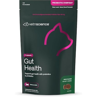 VETRISCIENCE VetriScience Gut Health Chews Probiotic Everyday Digestive Supplement for Cats Pet Probiotics for Digestion Support Gas and Diarrhea Immune Support 120 Million CFU Per Chew Duck 60 Count