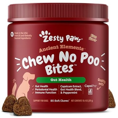 Zesty Paws Chew No Poo Bites for Dogs Stool Eating Deterrent Soft Chews for Dogs Gut Periodontal Immune System Support Premium DE111 Bacillus subtilis Probiotic AE Bison 90 Count