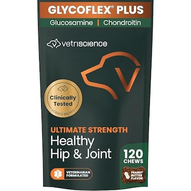 VETRISCIENCE VetriScience Ultimate Strength Hip Joint Supplement for Dogs GlycoFlex Plus MSM Chondroitin GreenLipped Mussel Chews for Mobility Flexibility Comfort Support Peanut Butter Flavor 120 Cnt