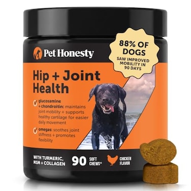 Pet Honesty Hip Joint Supplement for Dogs with Glucosamine Chondroitin MSM Turmeric Collagen Soft Chews Joint Function Stiffness and Mobility Support May Reduce Occasional Discomfort Chicken 90 Ct