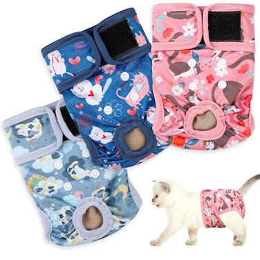 Grecle Reusable Cat Diapers 3 Pack with Good Absorbency Kitten Diapers Small for Female Male Cats Easy to Put On Secure Fit