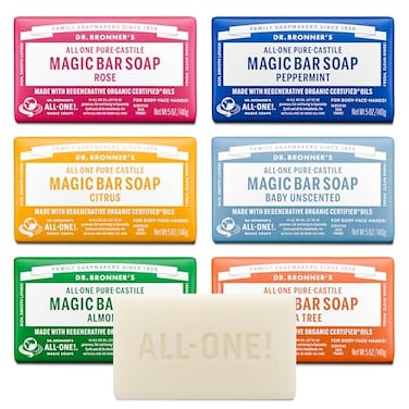 Dr. Bronner's Dr Bronners PureCastile Magic Bar Soaps 5 Ounce Variety Gift Pack Almond Unscented Lavender Peppermint Citrus Rose Made with Regenerative Organic Certified Oils Vegan NonGMO