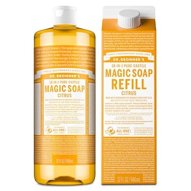 Dr. Bronner's Dr Bronners PureCastile Magic Soap Liquid Citrus Made with Organic Oils for Body Face Hair Dishes Laundry Vegan Bath Soaps for Men Women NonGMO 18in1 MultiUse Citrus 32oz Refill