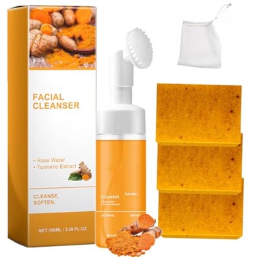 Derperzi Turmeric Soap Face Wash Set Lemon Turmeric Kojic Soap Bar and Foaming Facial Cleanser with Brush Combo for Face Body Deep Cleansing Moisturizing