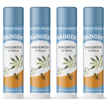 Badger Unscented Classic Lip Balm 100 Organic Lip Balm for Sensitive Lips Long Lasting Lip Moisturizer wLight Silky Texture 4 Pack
