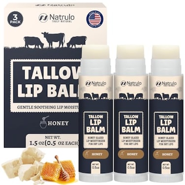 Natrulo Beef Tallow Lip Balm Natural Tallow Beeswax Chapstick Hydrating Moisturizer Grass Fed Bison Tallow Balm Lip Care Soothes Chapped Dry Lips Sensitive Skin Long Lasting Vitamin Rich USAMade 3Pk