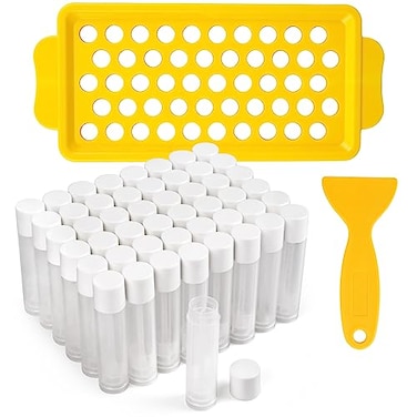 LotFancy Lip Balm Tubes Kit with Filling Tray Spatula 50 Pcs 55ml 316 oz Clear Empty Lip Balm Containers with White Caps BPAFree LeakResistant