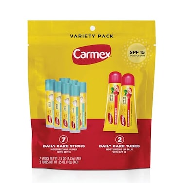 Carmex Daily Care Moisturizing Lip Balm Pack SPF 15 Strawberry Cupcake Batter Flavor Variety Pack Bag 9 Count 7 Sticks 2 Tubes