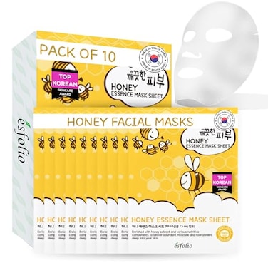esfolio Honey Essence Face Mask Hydrating Nourishing Sheet Mask for Dry Dull Sensitive Skin Moisturizing Face Treatment with Natural Honey Extract Pack of 10