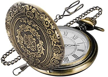 Realpoo Bronze Large Decorative Flower Pattern Pocket Watch White Roman Numeral Scale Quartz Pocket Watches for Men with Chain