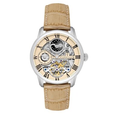 Thomas Earnshaw Mens 44mm Longitude Automatic Skeleton Chicory Brown Watch with Leather Strap ES80060D
