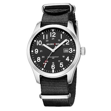 GOLDEN HOUR Mens Nylon SlipThru Strap Watch with Military Time Easy Read Dial Glowing Hands in Silver Black