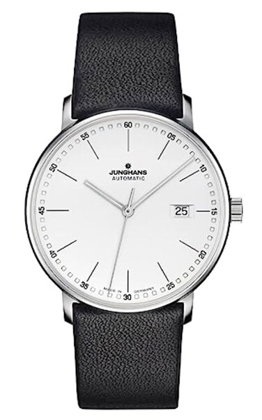 JUNGHANS Mens Form A Matte Silver Dial Black Leather Strap Automatic Watch 027473000