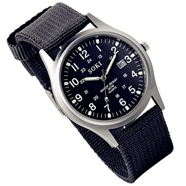 Lancardo Simplicity Analog Quartz Watch with Woven Nylon Band Luminous Hand Military Time 24H Black for Men