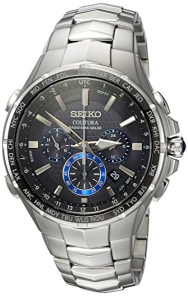 SEIKO Solar Chronograph Watch Coutura Collection Stainless Steel Black Dial Lumibrite Hands Markers Date Calendar
